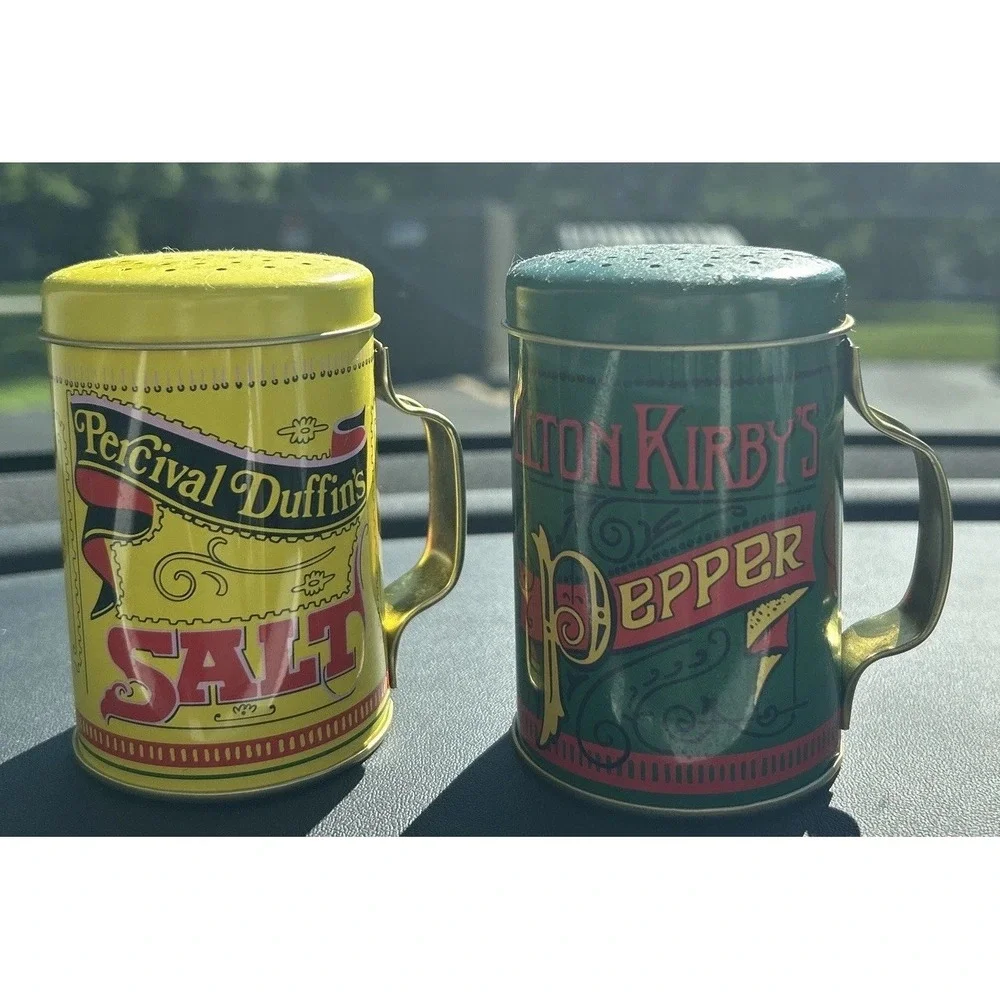 Norpro Salt & Pepper shakers metal with handle tin plated steel retro